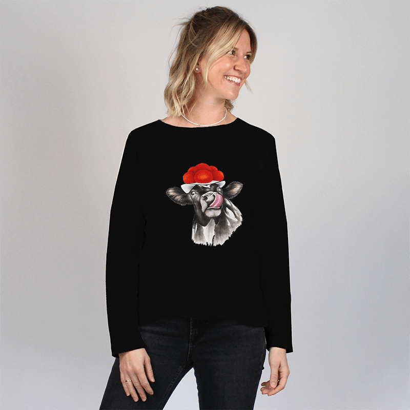 Damen Oversize Sweater - Bollenhut Kuh mit Zunge