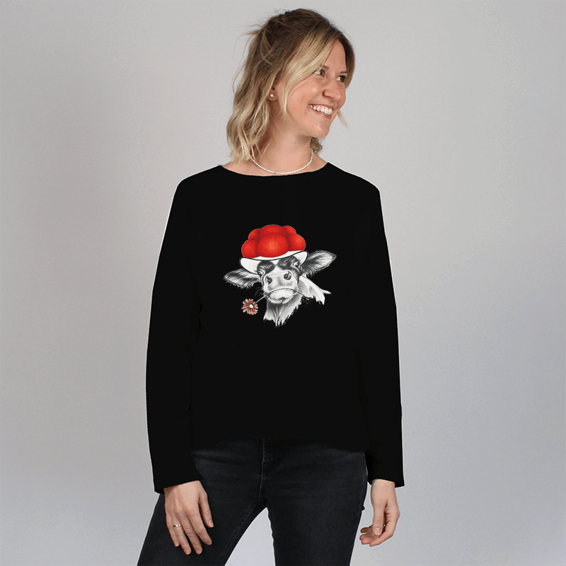 Damen Oversize Sweater - Bollenhut Kuh mit Blume